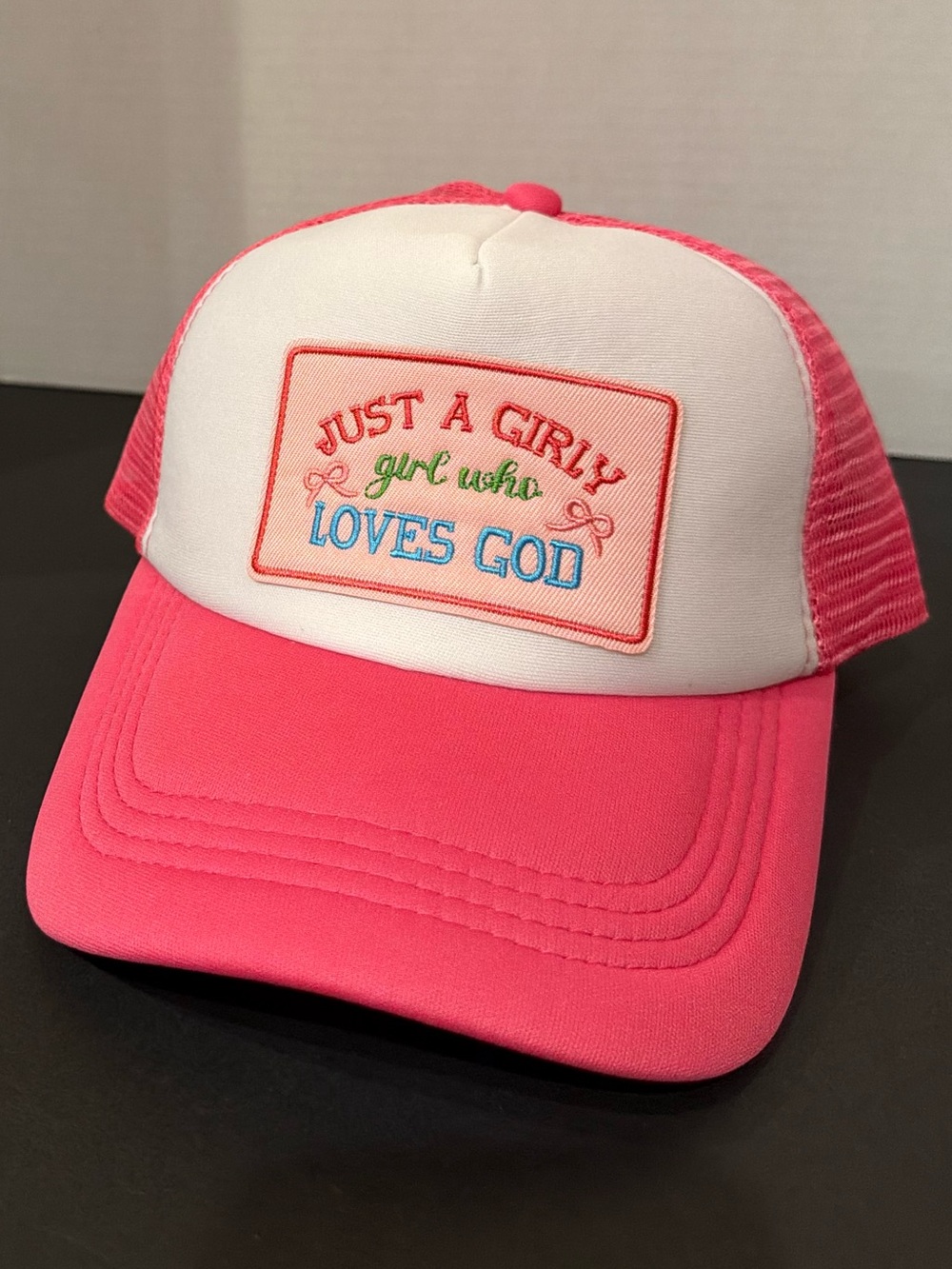 Pink and White 'Just a Girly Girl Who Loves God' Kids Trucker Hat. New. Custom